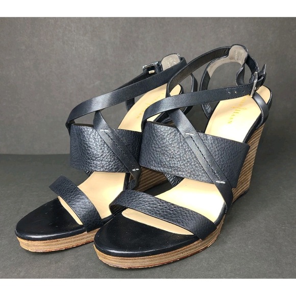 Vtg Cole Haan Leather Strappy Wedge Sandals Black Womans 8.5B Comfort EUC - Picture 2 of 7